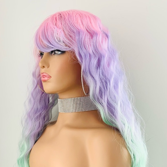 30” Unicorn Color Premium Fiber Wig with Bangs for Events or Daily Wear - Picture 10 of 13